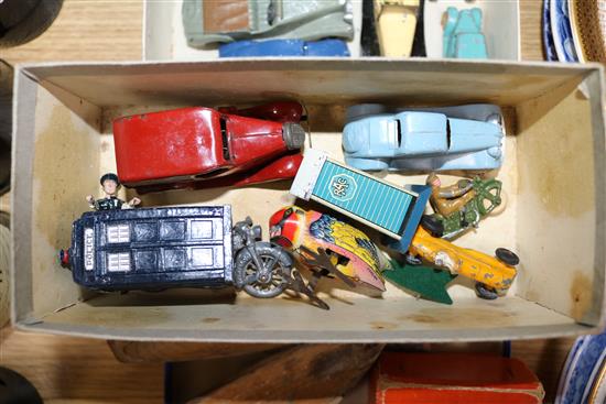 Various pre-war Dinky cars, tinplate toys, two mickey mouse felt toys, boxed street gas lamp etc